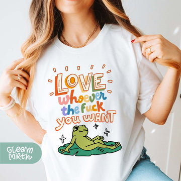 a woman wearing a t - shirt that says love wherever you want