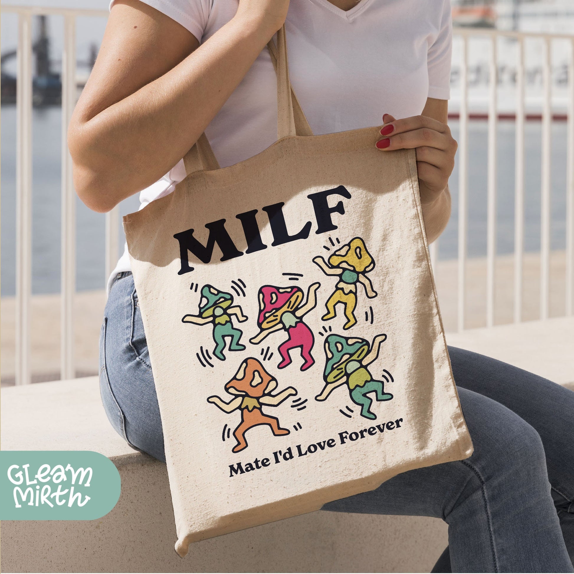 a woman sitting on a bench holding a bag