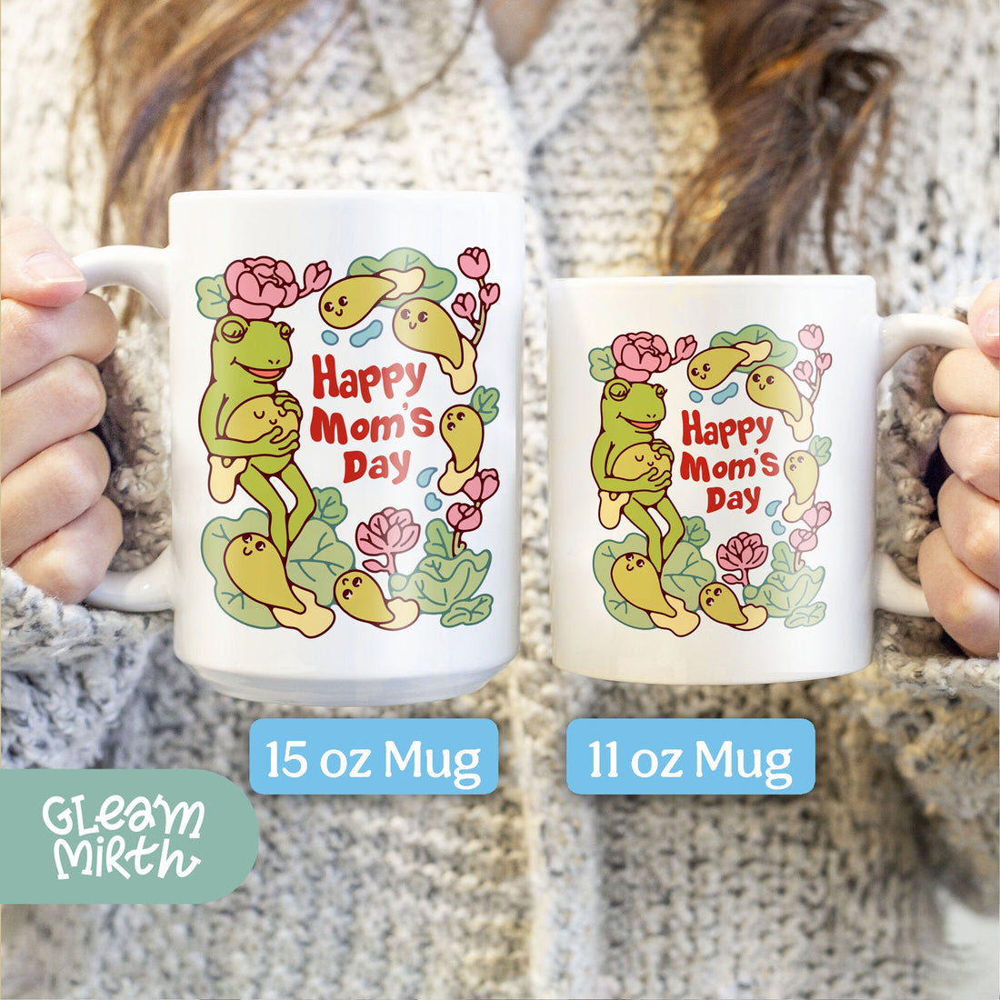 a person holding a coffee mug with a happy mom&#39;s day design on it