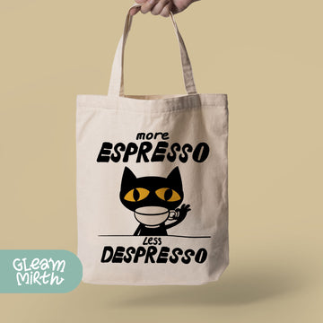 a person holding a white bag with a black cat on it