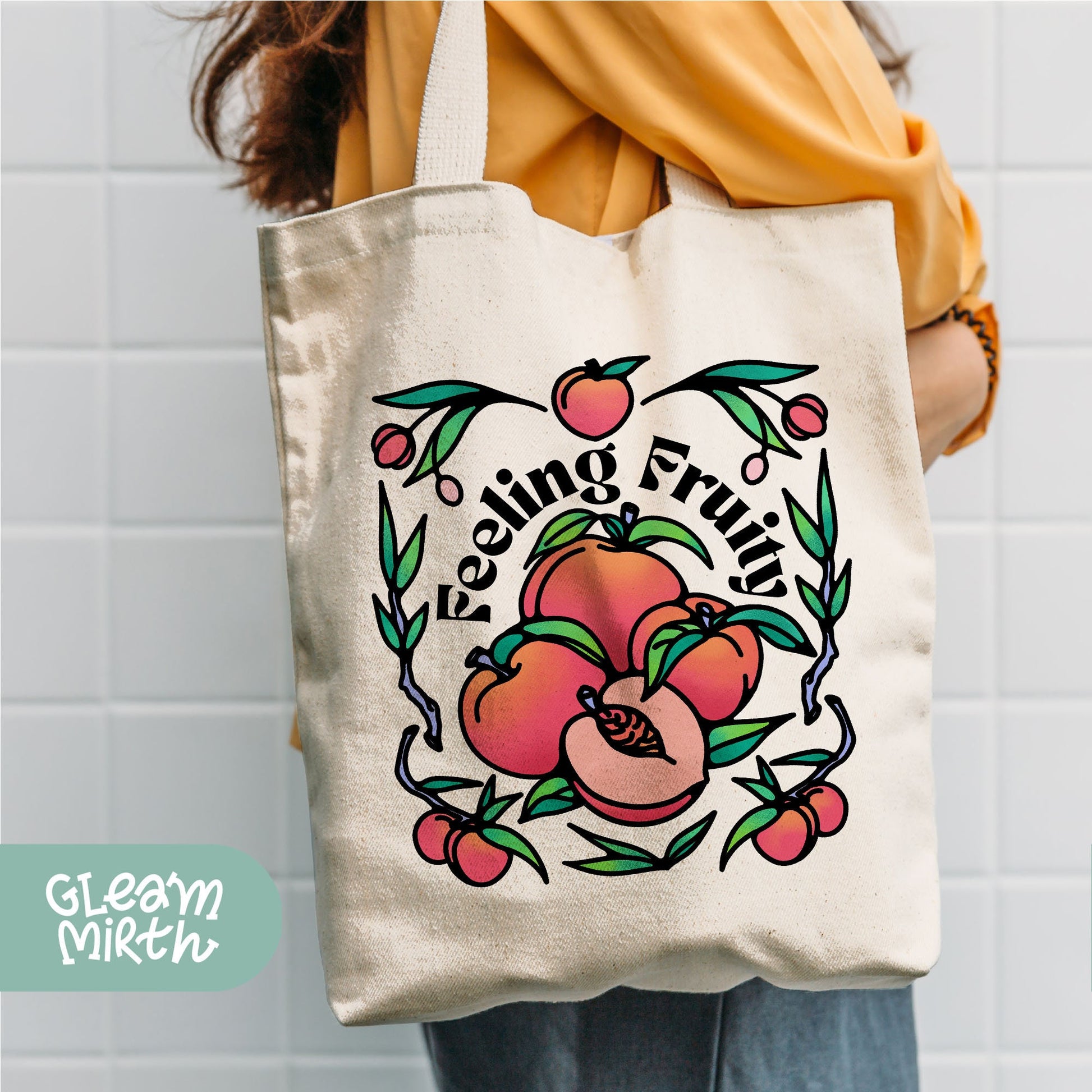 a woman holding a white bag with fruit on it