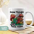 a coffee mug with an image of a mushroom and toad on it