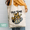 a woman holding a tea time tote bag