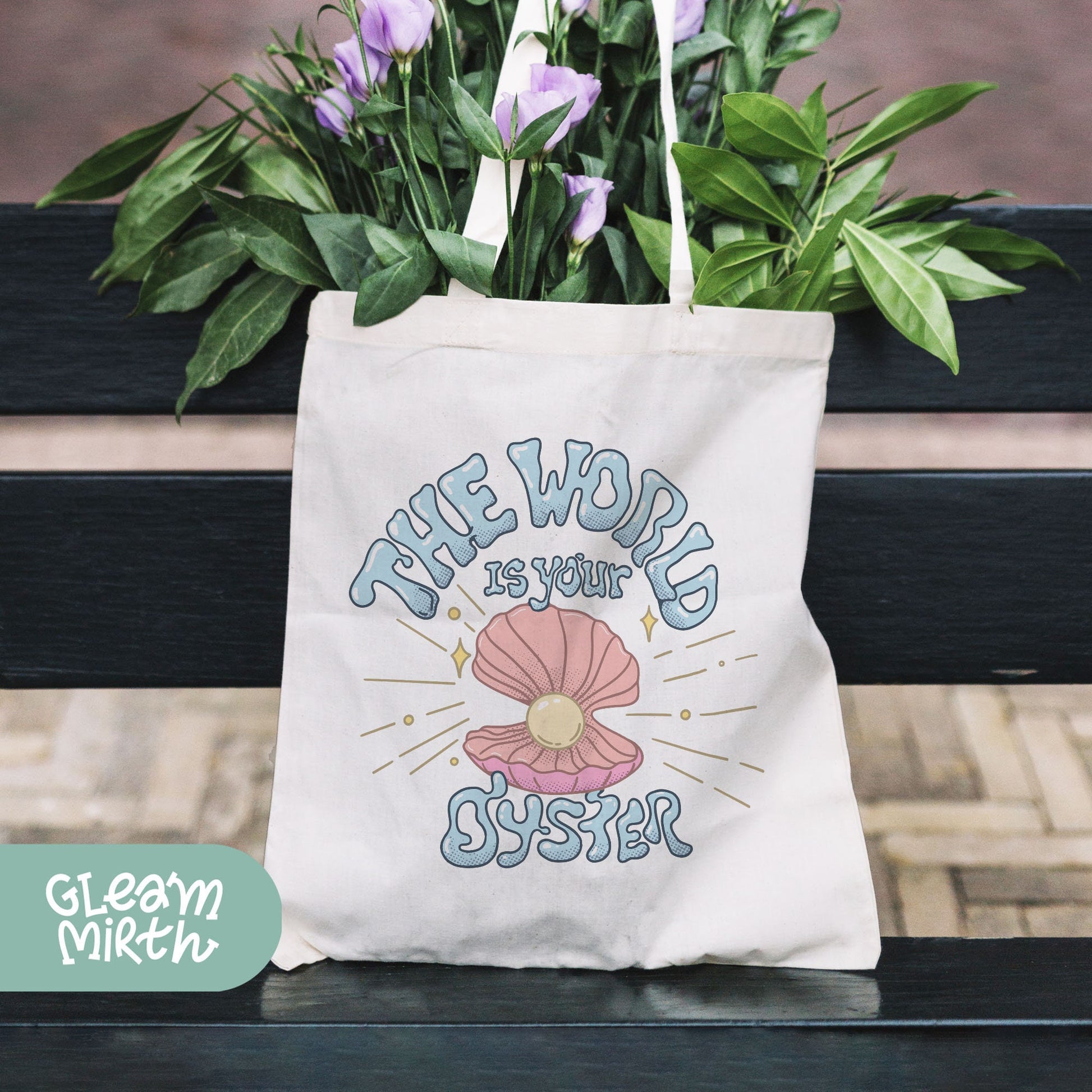 a white bag with a flower in it sitting on a bench