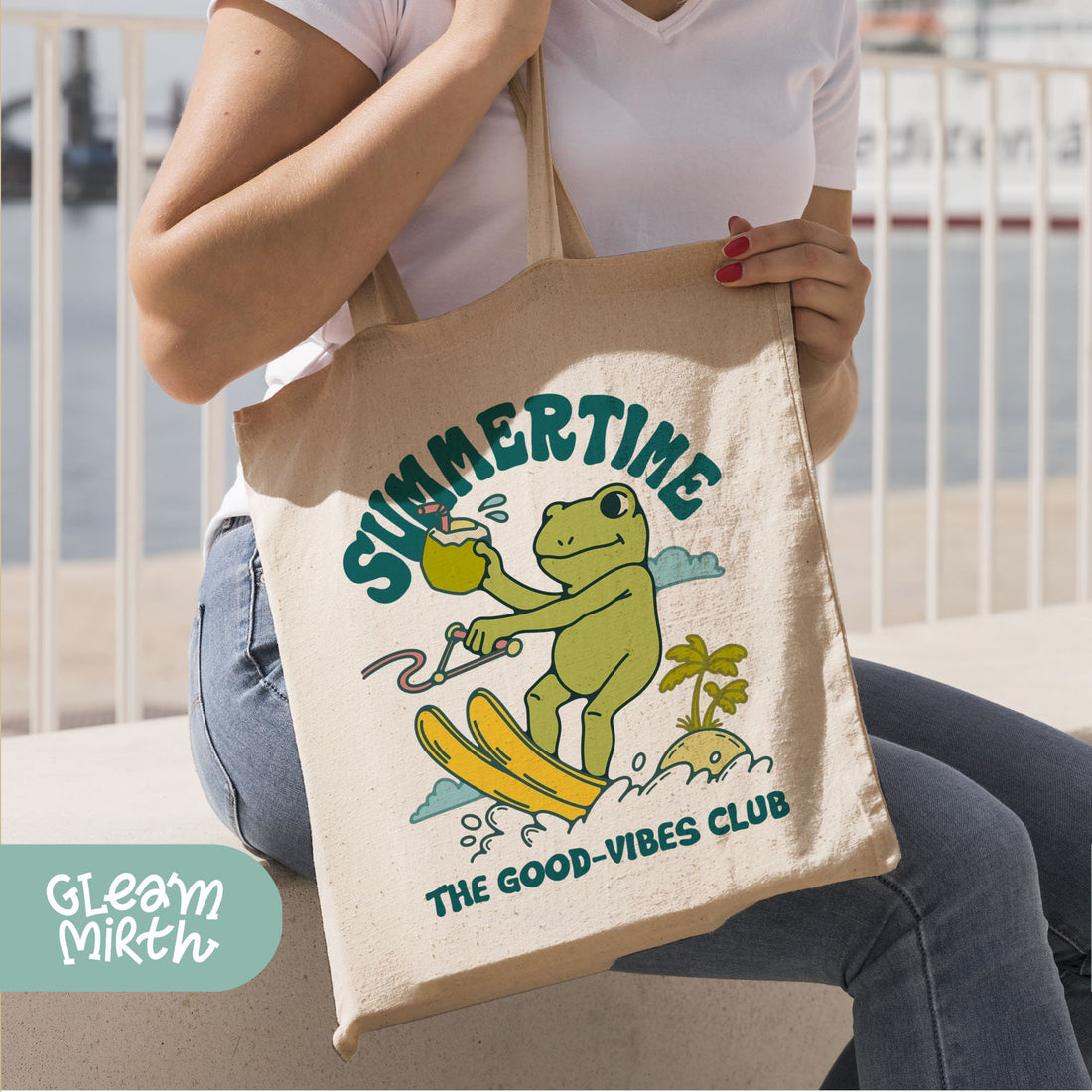 a person holding a bag that says summertime the good vibes club