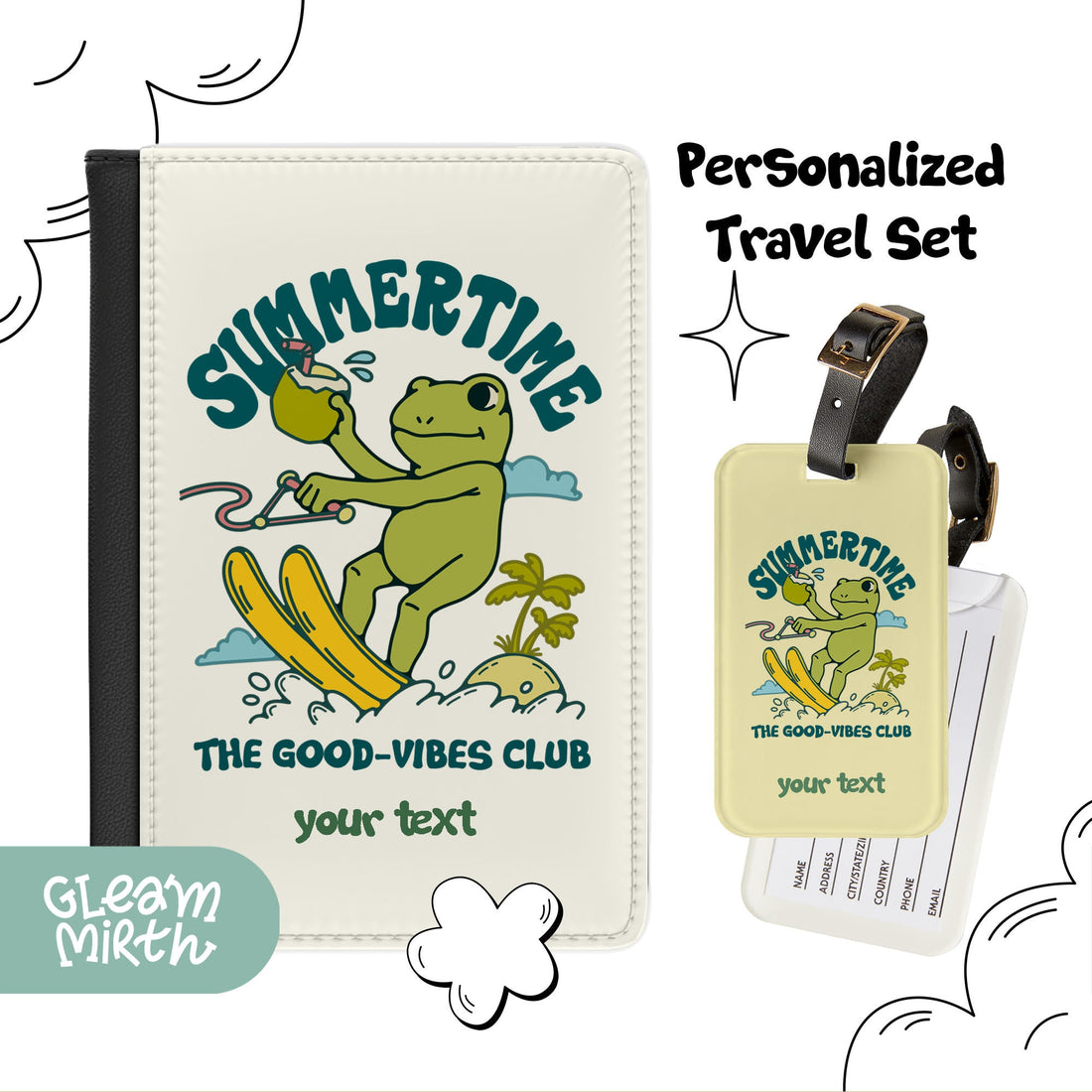 a personalized travel set with a luggage tag and luggage tag