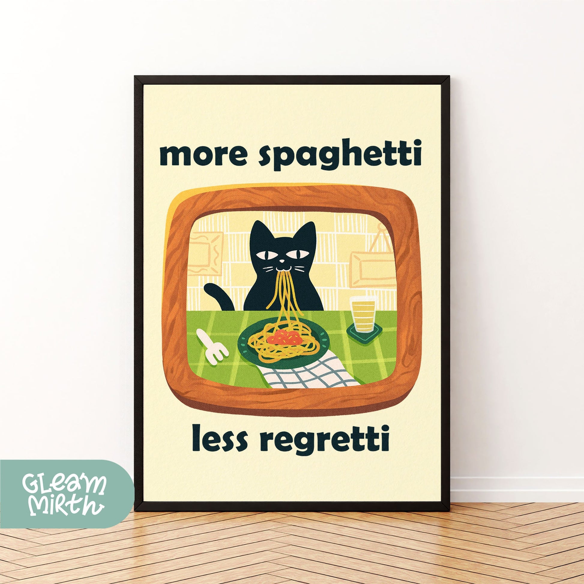 a poster of a cat eating spaghetti on a tv screen