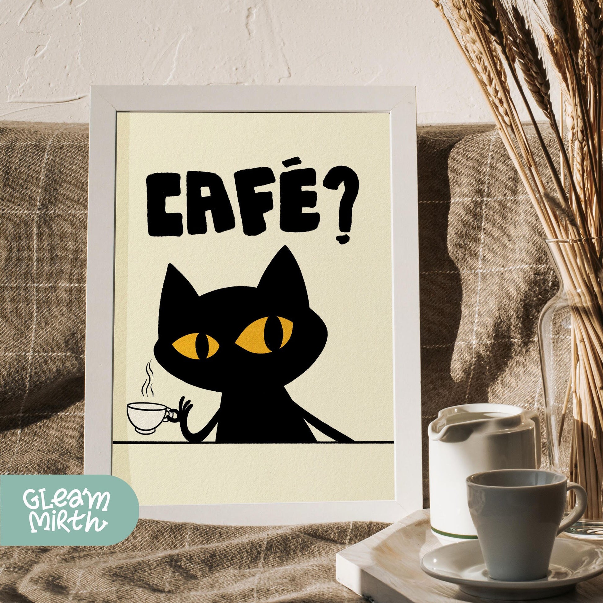 a picture of a cat with a cup of coffee