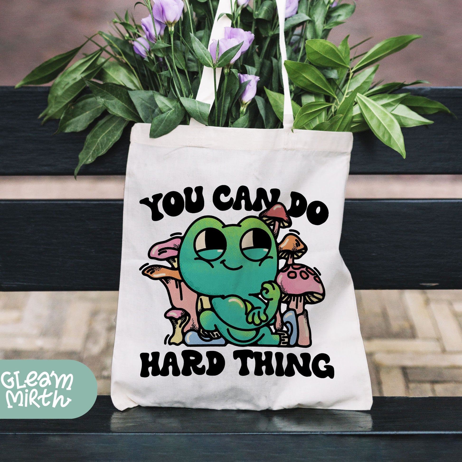 a tote bag with an image of a cartoon character on it