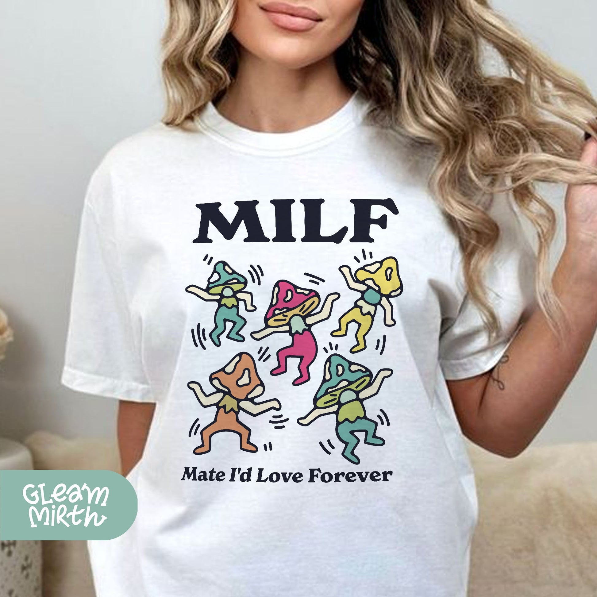 a woman wearing a t - shirt that says milf made it love forever