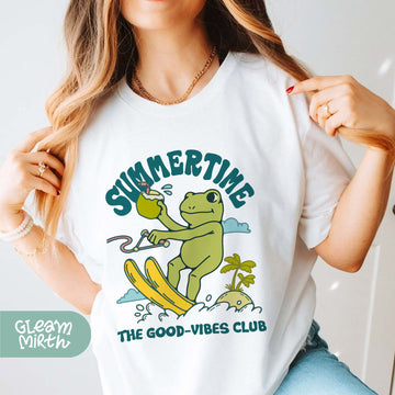 a woman wearing a white shirt that says summertime the good vibes club