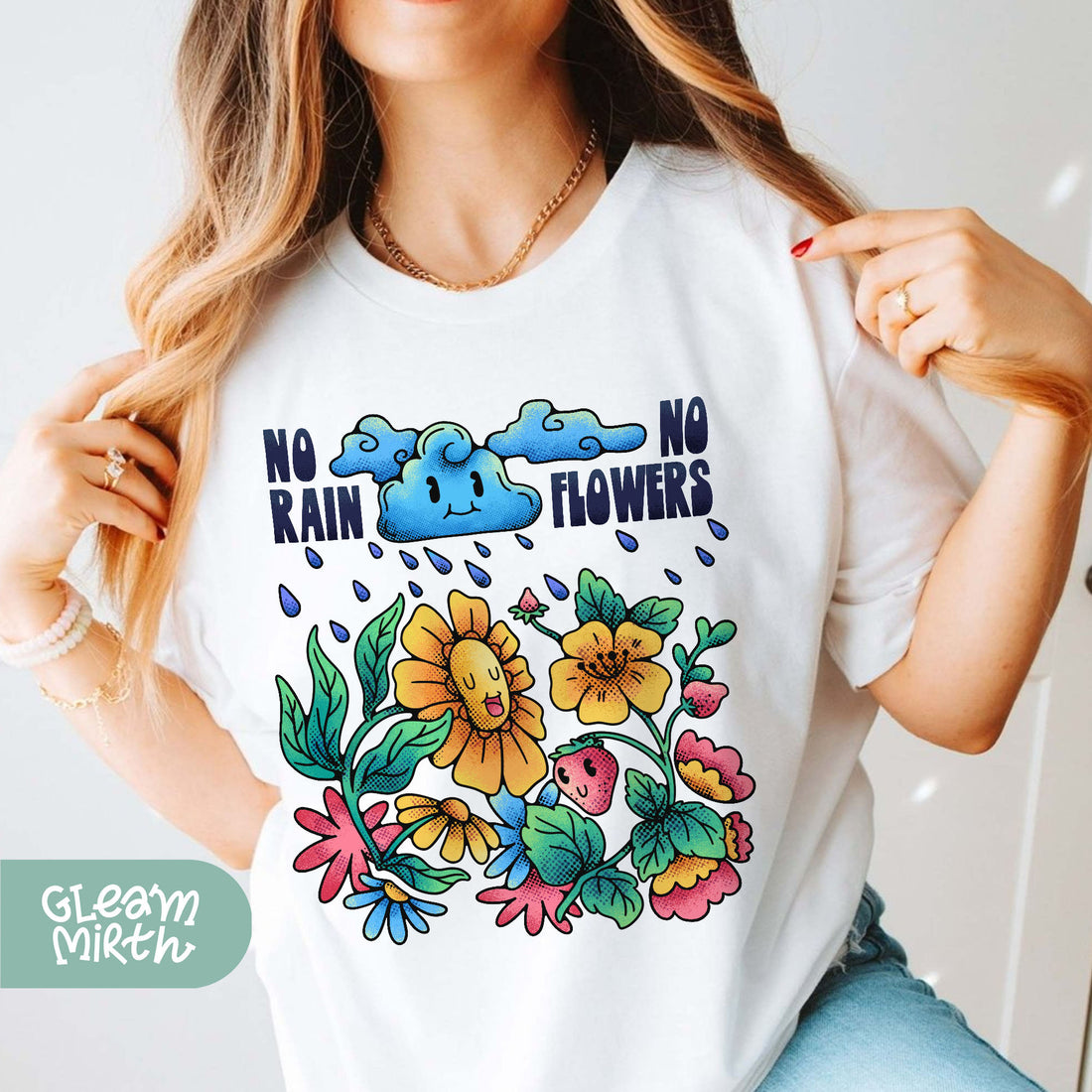 a woman wearing a t - shirt with flowers on it