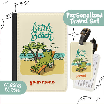 a personalized luggage tag with a picture of a frog on a beach