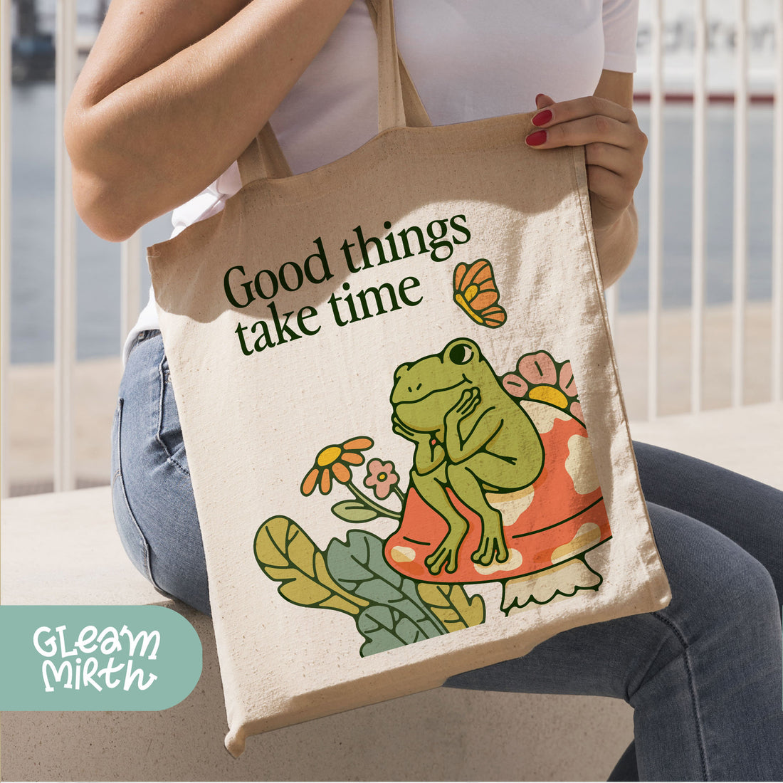 a woman holding a bag that says good things take time