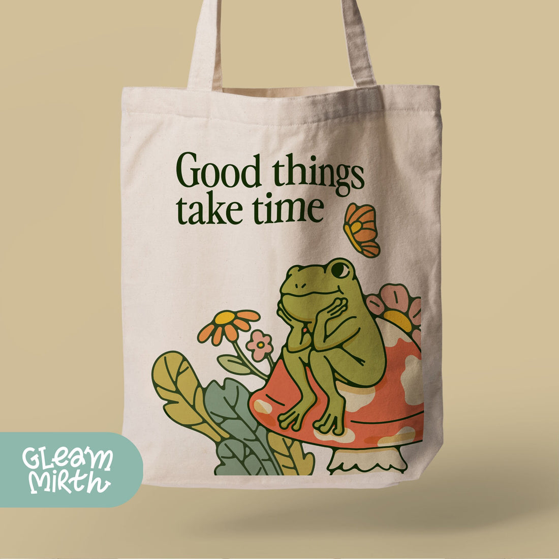 a woman holding a bag that says good things take time