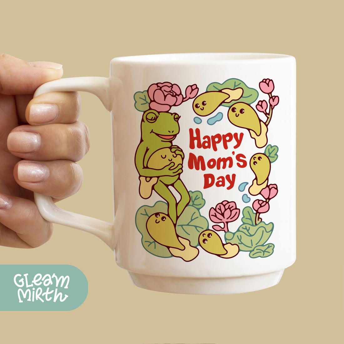 a person holding a coffee mug with a happy mom&#39;s day design on it