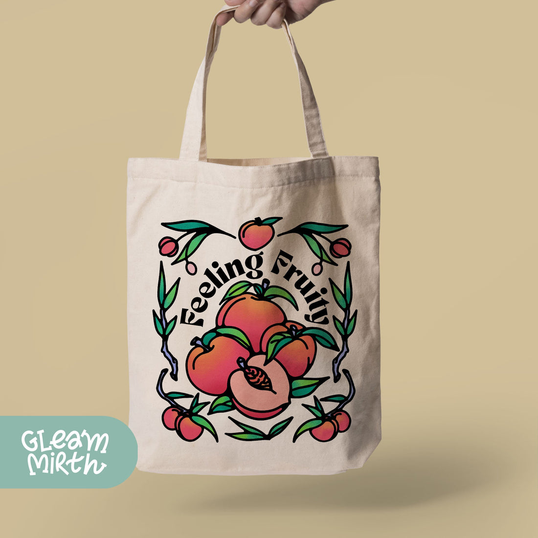 a person holding a shopping bag with fruit on it