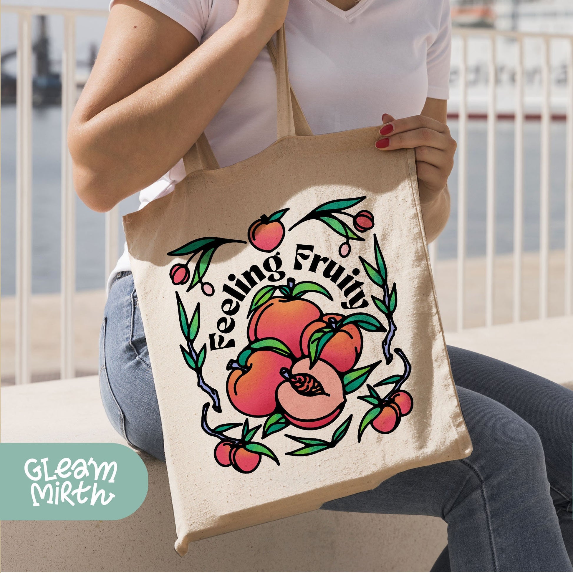 a woman sitting on a bench holding a bag