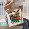 a woman holding a bag that says good things take time