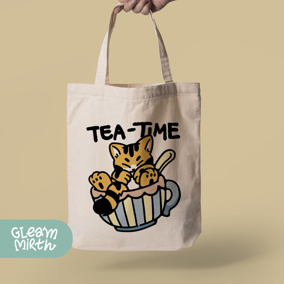 a woman holding a tea time tote bag