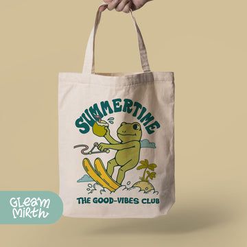 a person holding a bag that says summertime the good vibes club