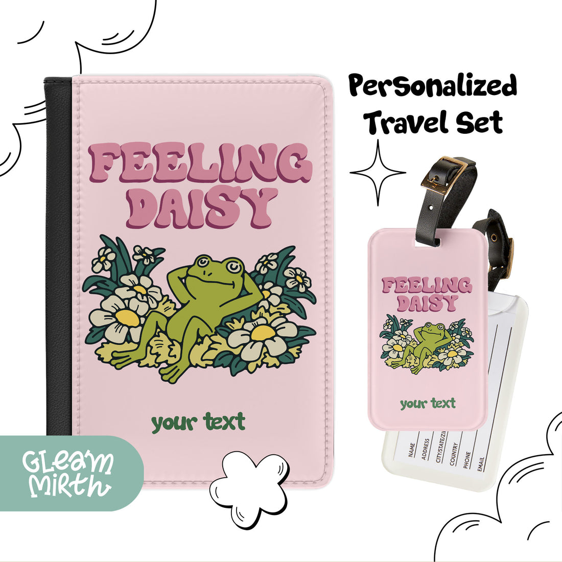 a pink luggage tag with a frog on it