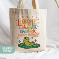 a tote bag with a picture of a frog on it